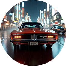 Lade das Bild in den Galerie-Viewer, Aluminiumbild Roter Oldtimer fährt durch neonbeleuchtete Stadt Kreis