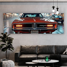 Lade das Bild in den Galerie-Viewer, Poster Roter Oldtimer fährt durch neonbeleuchtete Stadt Panorama