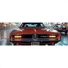 Lade das Bild in den Galerie-Viewer, Poster Roter Oldtimer fährt durch neonbeleuchtete Stadt Panorama