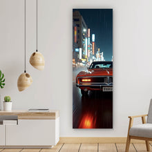 Lade das Bild in den Galerie-Viewer, Leinwandbild Roter Oldtimer fährt durch neonbeleuchtete Stadt Panorama Hoch