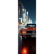Lade das Bild in den Galerie-Viewer, Leinwandbild Roter Oldtimer fährt durch neonbeleuchtete Stadt Panorama Hoch