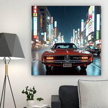 Lade das Bild in den Galerie-Viewer, Poster Roter Oldtimer fährt durch neonbeleuchtete Stadt Quadrat