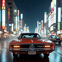 Lade das Bild in den Galerie-Viewer, Acrylglasbild Roter Oldtimer fährt durch neonbeleuchtete Stadt Quadrat