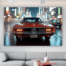 Lade das Bild in den Galerie-Viewer, Poster Roter Oldtimer fährt durch neonbeleuchtete Stadt Querformat