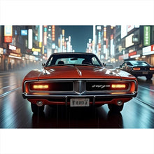 Lade das Bild in den Galerie-Viewer, Spannrahmenbild Roter Oldtimer fährt durch neonbeleuchtete Stadt Querformat