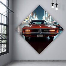 Lade das Bild in den Galerie-Viewer, Aluminiumbild gebürstet Roter Oldtimer fährt durch neonbeleuchtete Stadt Raute