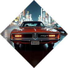 Lade das Bild in den Galerie-Viewer, Leinwandbild Roter Oldtimer fährt durch neonbeleuchtete Stadt Raute
