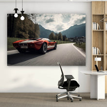 Lade das Bild in den Galerie-Viewer, Aluminiumbild gebürstet Roter Sportwagen auf kurviger Bergstraße Querformat