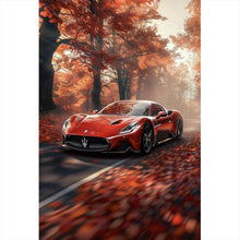 Lade das Bild in den Galerie-Viewer, Leinwandbild Roter Sportwagen fährt durch herbstlichen Wald Hochformat