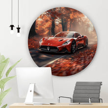 Lade das Bild in den Galerie-Viewer, Aluminiumbild gebürstet Roter Sportwagen fährt durch herbstlichen Wald Kreis