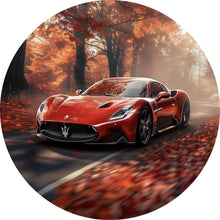 Lade das Bild in den Galerie-Viewer, Aluminiumbild gebürstet Roter Sportwagen fährt durch herbstlichen Wald Kreis