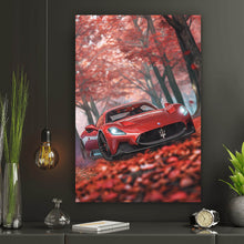 Lade das Bild in den Galerie-Viewer, Aluminiumbild Roter Sportwagen fährt durch herbstlichen Wald No.2 Hochformat