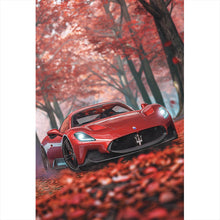 Lade das Bild in den Galerie-Viewer, Spannrahmenbild Roter Sportwagen fährt durch herbstlichen Wald No.2 Hochformat