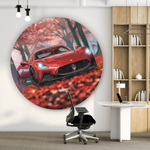 Lade das Bild in den Galerie-Viewer, Aluminiumbild gebürstet Roter Sportwagen fährt durch herbstlichen Wald No.2 Kreis