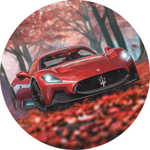 Lade das Bild in den Galerie-Viewer, Aluminiumbild gebürstet Roter Sportwagen fährt durch herbstlichen Wald No.2 Kreis