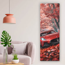 Lade das Bild in den Galerie-Viewer, Leinwandbild Roter Sportwagen fährt durch herbstlichen Wald No.2 Panorama Hoch