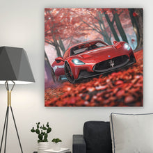 Lade das Bild in den Galerie-Viewer, Aluminiumbild Roter Sportwagen fährt durch herbstlichen Wald No.2 Quadrat