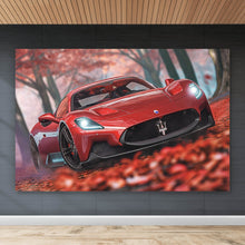 Lade das Bild in den Galerie-Viewer, Leinwandbild Roter Sportwagen fährt durch herbstlichen Wald No.2 Querformat