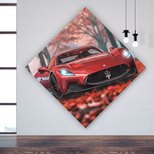 Lade das Bild in den Galerie-Viewer, Spannrahmenbild Roter Sportwagen fährt durch herbstlichen Wald No.2 Raute