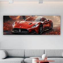 Lade das Bild in den Galerie-Viewer, Leinwandbild Roter Sportwagen fährt durch herbstlichen Wald Panorama
