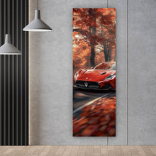 Lade das Bild in den Galerie-Viewer, Poster Roter Sportwagen fährt durch herbstlichen Wald Panorama Hoch