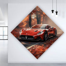 Lade das Bild in den Galerie-Viewer, Aluminiumbild gebürstet Roter Sportwagen fährt durch herbstlichen Wald Raute