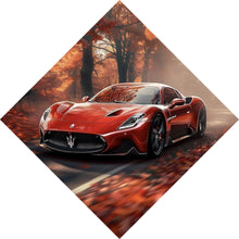 Lade das Bild in den Galerie-Viewer, Leinwandbild Roter Sportwagen fährt durch herbstlichen Wald Raute