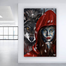 Lade das Bild in den Galerie-Viewer, Aluminiumbild gebürstet Rotkäppchen und der Wolf mystisch Hochformat