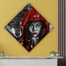 Lade das Bild in den Galerie-Viewer, Aluminiumbild gebürstet Rotkäppchen und der Wolf mystisch Raute