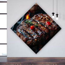 Lade das Bild in den Galerie-Viewer, Aluminiumbild gebürstet Saftiges Steak Grill Genuss Raute