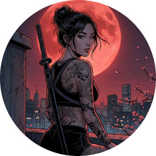 Lade das Bild in den Galerie-Viewer, Aluminiumbild Samurai Frau bei Vollmond Kreis