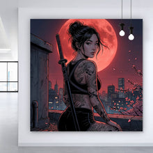 Lade das Bild in den Galerie-Viewer, Aluminiumbild Samurai Frau bei Vollmond Quadrat