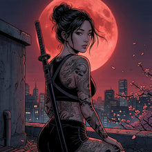 Lade das Bild in den Galerie-Viewer, Spannrahmenbild Samurai Frau bei Vollmond Quadrat