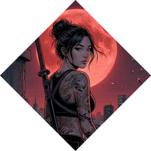 Lade das Bild in den Galerie-Viewer, Leinwandbild Samurai Frau bei Vollmond Raute