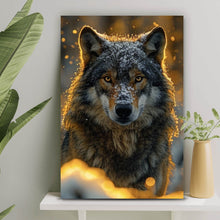 Lade das Bild in den Galerie-Viewer, Leinwandbild Schnee bedeckter Wolf mit intensiven Augen No.2 Hochformat