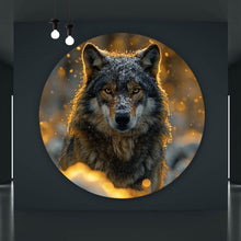 Lade das Bild in den Galerie-Viewer, Aluminiumbild gebürstet Schnee bedeckter Wolf mit intensiven Augen No.2 Kreis