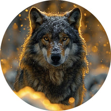 Lade das Bild in den Galerie-Viewer, Aluminiumbild gebürstet Schnee bedeckter Wolf mit intensiven Augen No.2 Kreis