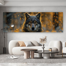 Lade das Bild in den Galerie-Viewer, Aluminiumbild gebürstet Schnee bedeckter Wolf mit intensiven Augen No.2 Panorama