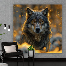 Lade das Bild in den Galerie-Viewer, Aluminiumbild gebürstet Schnee bedeckter Wolf mit intensiven Augen No.2 Quadrat
