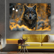 Lade das Bild in den Galerie-Viewer, Leinwandbild Schnee bedeckter Wolf mit intensiven Augen No.2 Querformat