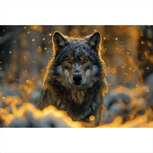 Lade das Bild in den Galerie-Viewer, Leinwandbild Schnee bedeckter Wolf mit intensiven Augen No.2 Querformat