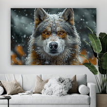Lade das Bild in den Galerie-Viewer, Poster Schnee bedeckter Wolf mit intensiven Augen Querformat