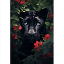 Lade das Bild in den Galerie-Viewer, Acrylglasbild Schwarzer Panther hinter roten Blüten Hochformat