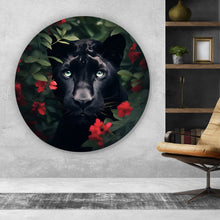 Lade das Bild in den Galerie-Viewer, Aluminiumbild gebürstet Schwarzer Panther hinter roten Blüten Kreis