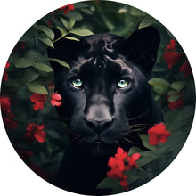 Lade das Bild in den Galerie-Viewer, Aluminiumbild gebürstet Schwarzer Panther hinter roten Blüten Kreis