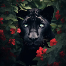 Lade das Bild in den Galerie-Viewer, Aluminiumbild Schwarzer Panther hinter roten Blüten Quadrat
