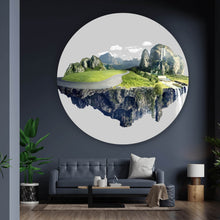 Lade das Bild in den Galerie-Viewer, Aluminiumbild gebürstet Schwebende Insel mit Wasserfällen und Bergen Kreis