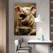 Lade das Bild in den Galerie-Viewer, Leinwandbild Schwein isst Nudeln abstraktes Gemälde Hochformat