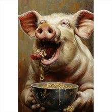 Lade das Bild in den Galerie-Viewer, Aluminiumbild gebürstet Schwein isst Nudeln abstraktes Gemälde Hochformat