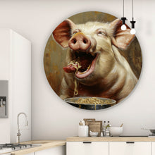 Lade das Bild in den Galerie-Viewer, Aluminiumbild gebürstet Schwein isst Nudeln abstraktes Gemälde Kreis